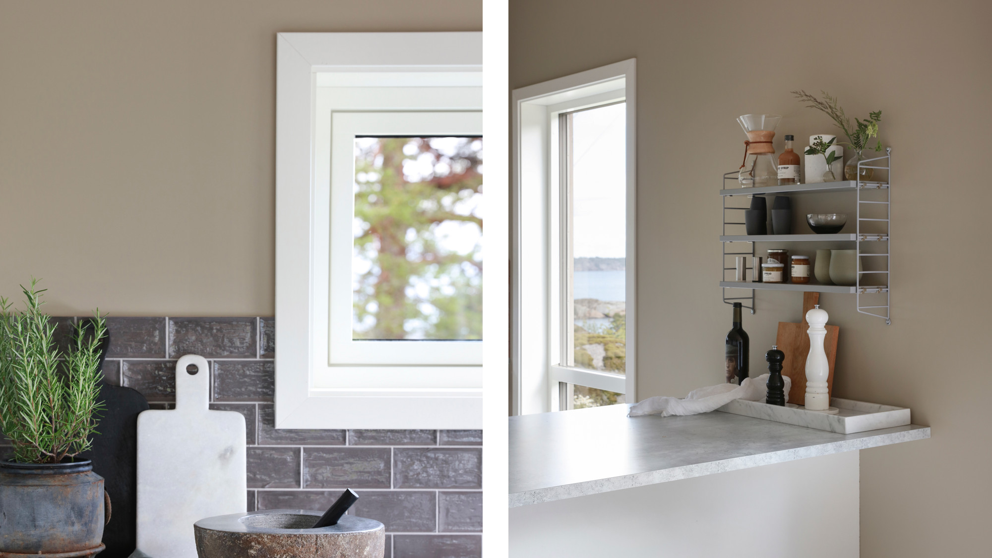 Kollasj med to bilder fra kjøkken med Huntonit Proff Vegg malt i en tidløs brunfarge