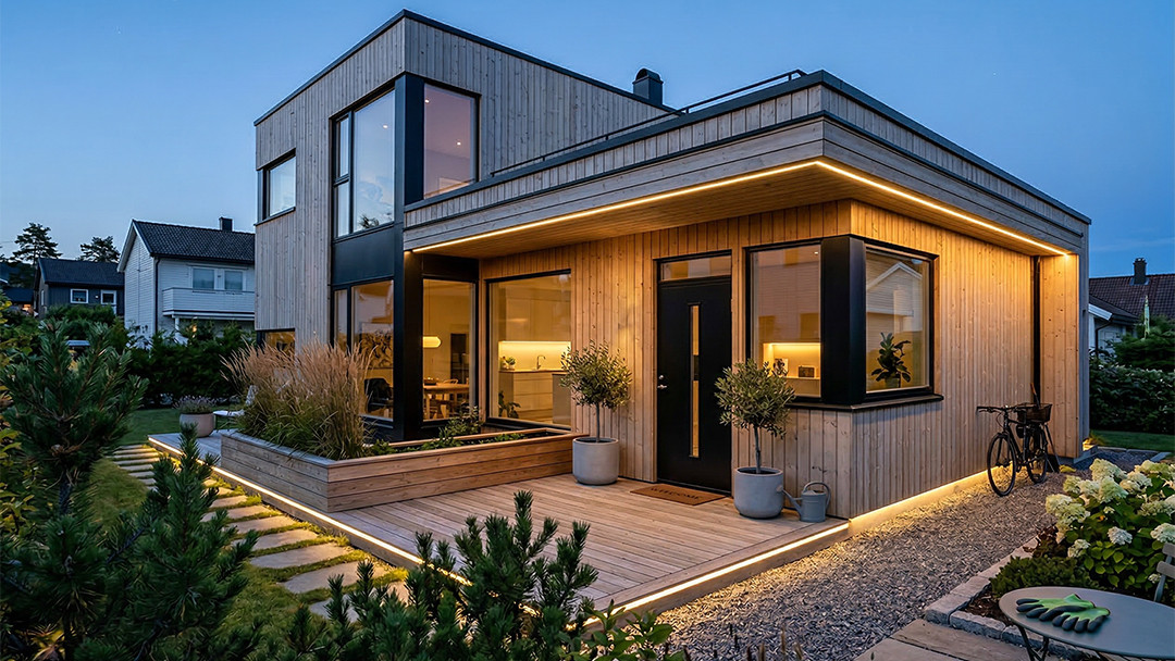 Hus med terrasse og uteområde med integrerte LED-striper som lyser opp platting og inngangsparti på et moderne hus ved kveldstid.