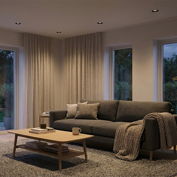 Stue med jevn allmennbelysning fra innfelte downlights i taket i et moderne hjem.