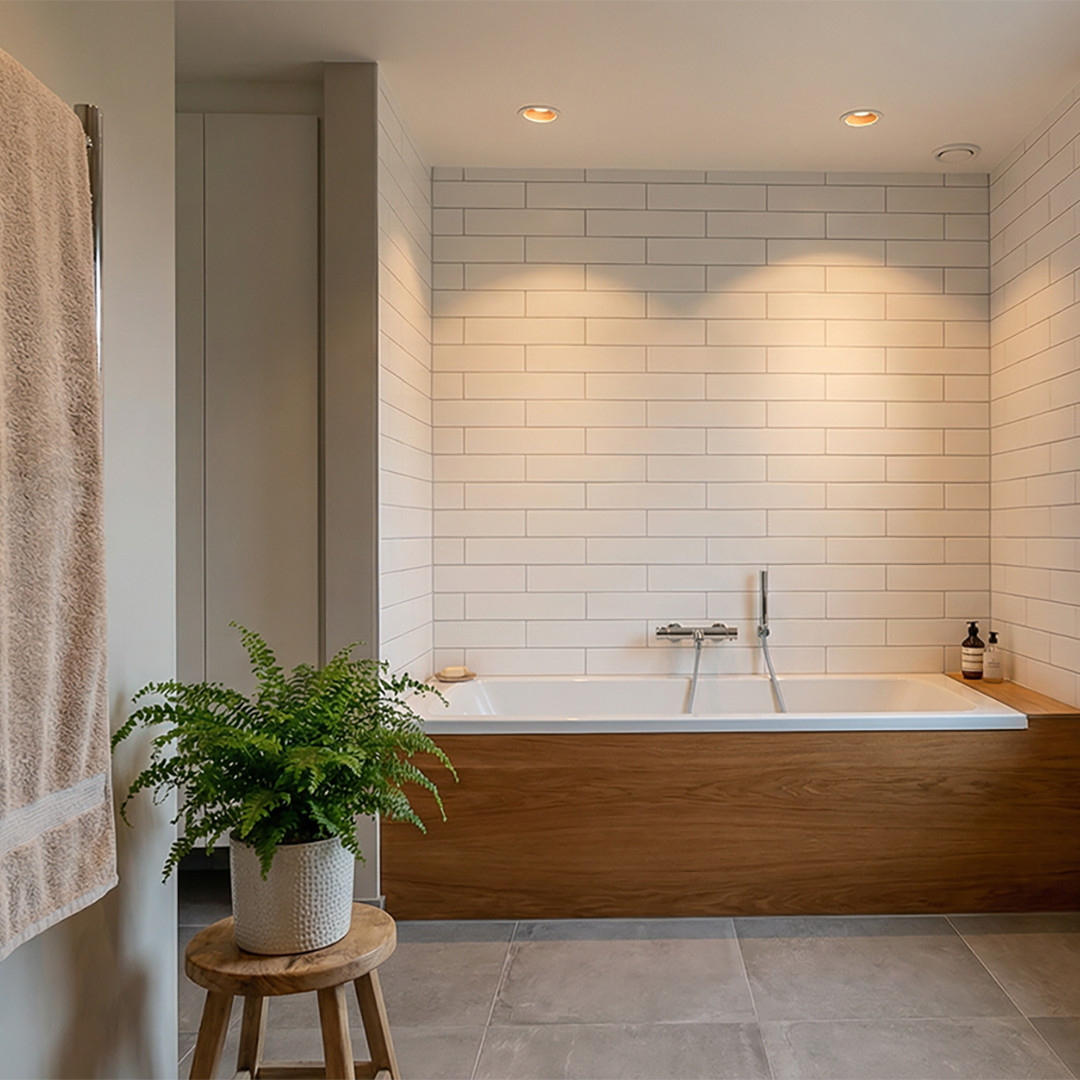 Lyst baderom med badekar og innfelte downlights i taket.