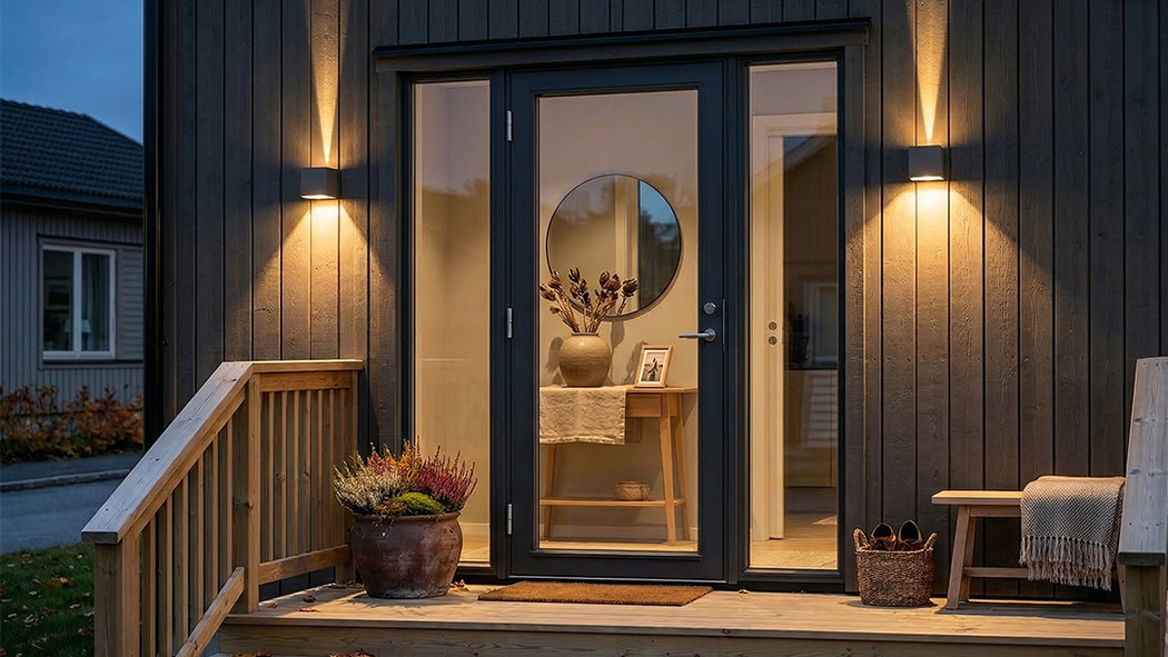 To utendørs vegglamper fra Aneta Lighting lyser opp inngangspartiet til et hus med trepanel og trapp ved skumring.