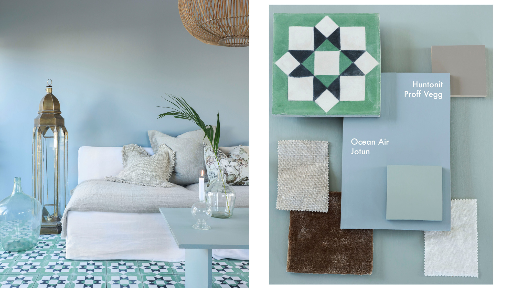 Kollasj med to bilder av stue malt i Ocean Air fra Jotun.